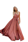 Cross-border women's clothing 2020 summer new bohemian solid color V-neck sleeveless high slits large swing dress long skirt