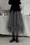 Kukombo Gothic Gray Tulle Long Irregular Pleated Skirts Elastic High Waist A-Line Mesh Midi Skirts Vintage Punk Streetwear Streetwear fx0627