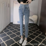 Autumn Korean single-row buckle slim pencil pants bag hip super high waist jeans women's trousers slim pants women's pants