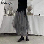 Kukombo Gothic Gray Tulle Long Irregular Pleated Skirts Elastic High Waist A-Line Mesh Midi Skirts Vintage Punk Streetwear Streetwear fx0627