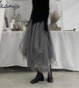 Kukombo Gothic Gray Tulle Long Irregular Pleated Skirts Elastic High Waist A-Line Mesh Midi Skirts Vintage Punk Streetwear Streetwear fx0627