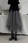 Kukombo Gothic Gray Tulle Long Irregular Pleated Skirts Elastic High Waist A-Line Mesh Midi Skirts Vintage Punk Streetwear Streetwear fx0627