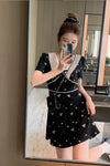 2021 summer new doll collar high waist slimming tea broke in the afternoon black floral dress female small skirt