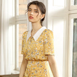 Baizi 2021 summer new Korean women's fashion lapel slim print bottom chiffon OL short-sleeved shirt female