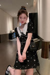 2021 summer new doll collar high waist slimming tea broke in the afternoon black floral dress female small skirt